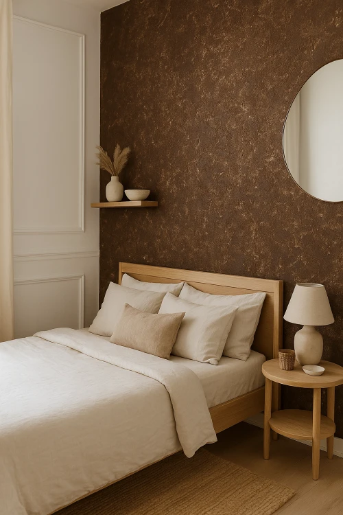 Provence Czekolada Design Decowant – aranżacja sypialni z brązową ścianą