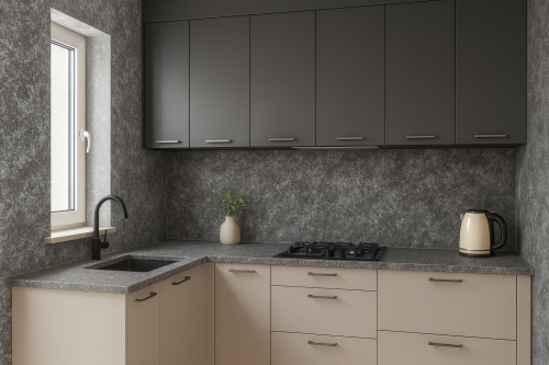 Provence Ciemny Granit Design Decowant – aranżacja kuchni z szarą dekoracją