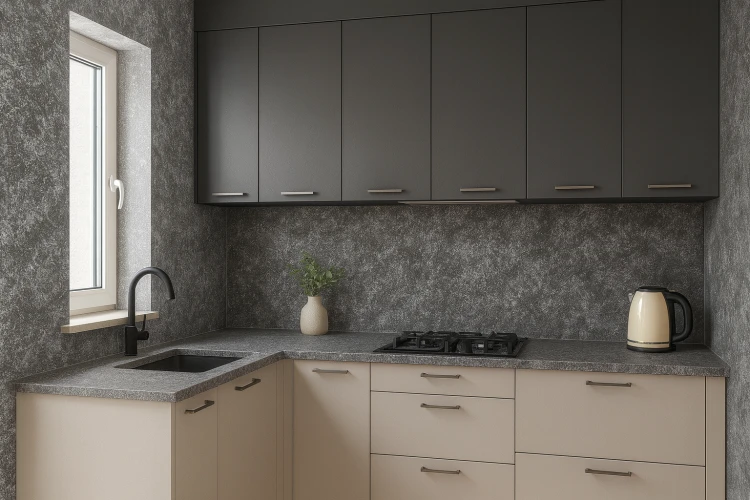Provence Ciemny Granit Design Decowant – aranżacja kuchni z szarą dekoracją