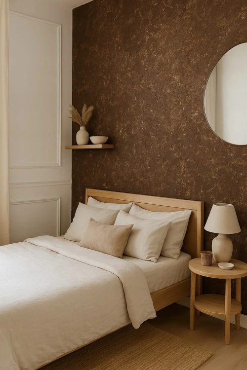 Provence Czekolada Design Decowant – aranżacja sypialni z brązową ścianą