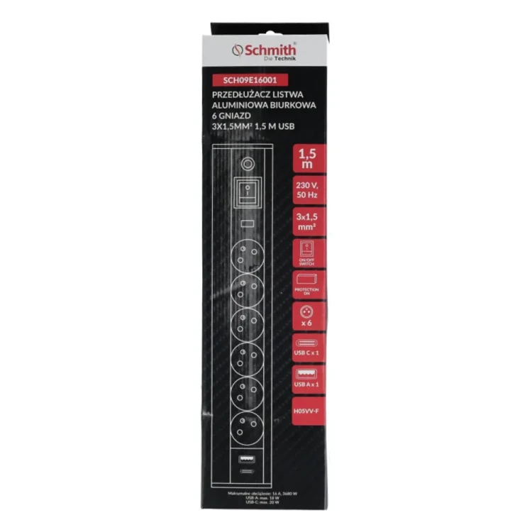 Schmith – listwa biurkowa 6 gniazd USB-A i USB-C, 1,5 m