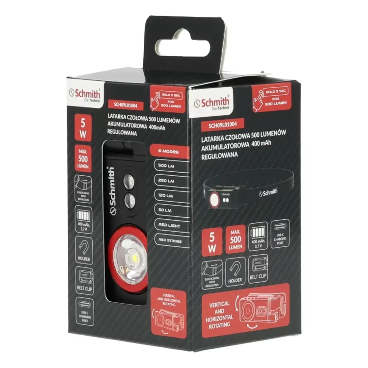 Schmith – latarka czołowa 500 lm, akumulator 400 mAh, USB-C