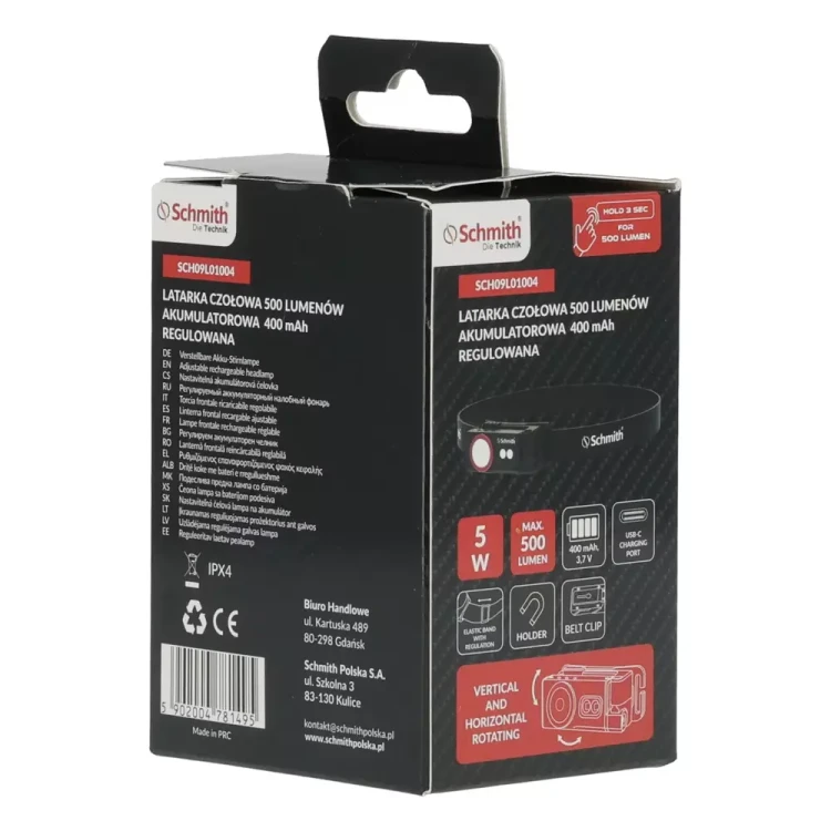 Schmith – latarka czołowa 500 lm, akumulator 400 mAh, USB-C