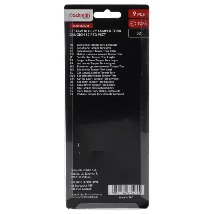 Schmith S2 RED – zestaw długich kluczy Tamper Torx, 9 szt.